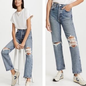 AGOLDE 90s Pinch Waist High Rise Ripped Jeans, Backdrop Light Blue , Size 27